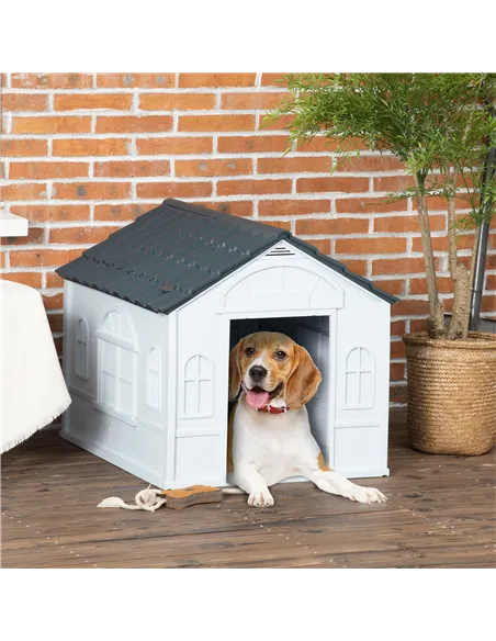 PawHut Plastic Weather-Resistant Dog House, for Indoors and Outdoors, Medium Dogs - Grey