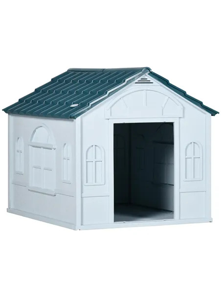 PawHut Plastic Weather-Resistant Dog House, for Indoors and Outdoors, Medium Dogs - White and Blue