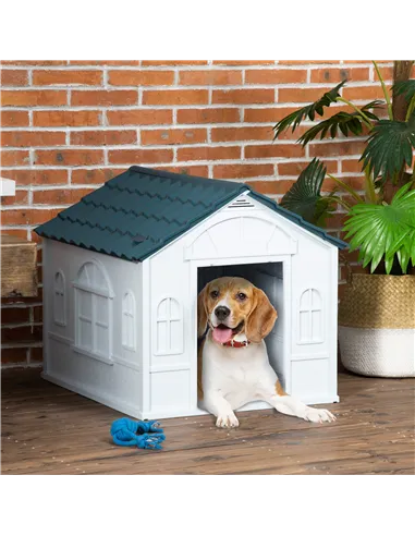 PawHut Plastic Weather-Resistant Dog House, for Indoors and Outdoors, Medium Dogs - White and Blue