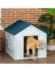 PawHut Plastic Weather-Resistant Dog House, for Indoors and Outdoors, Large Dogs - White and Blue 2