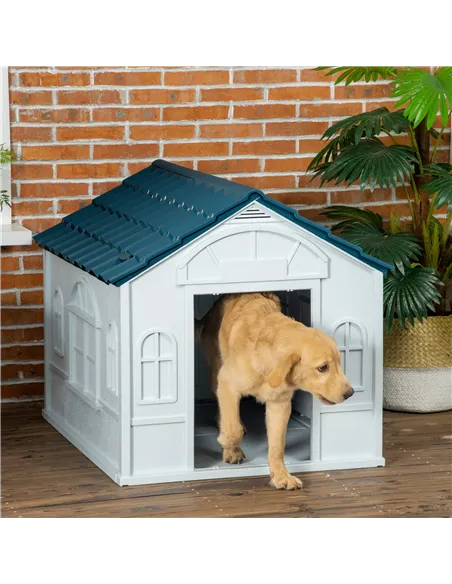 PawHut Plastic Weather-Resistant Dog House, for Indoors and Outdoors, Large Dogs - White and Blue