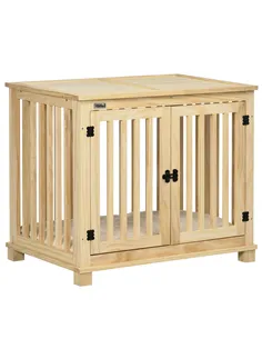 PawHut Wooden Dog Crate, with Double Doors, Cushion, for Medium Dogs - Natural Finish