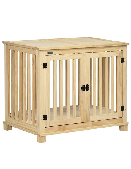 PawHut Wooden Dog Crate, with Double Doors, Cushion, for Medium Dogs - Natural Finish