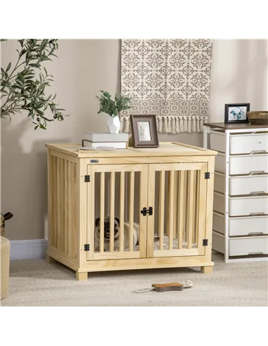 PawHut Wooden Dog Crate, with Double Doors, Cushion, for Medium Dogs - Natural Finish