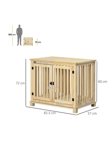 PawHut Wooden Dog Crate, with Double Doors, Cushion, for Medium Dogs - Natural Finish