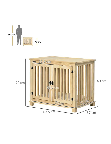 PawHut Wooden Dog Crate, with Double Doors, Cushion, for Medium Dogs - Natural Finish