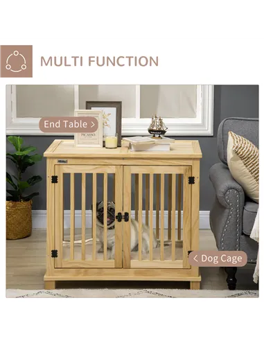 PawHut Wooden Dog Crate, with Double Doors, Cushion, for Medium Dogs - Natural Finish