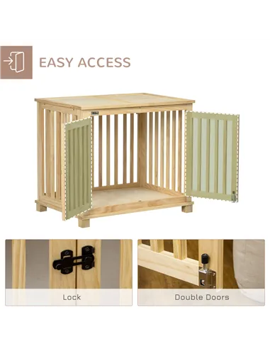 PawHut Wooden Dog Crate, with Double Doors, Cushion, for Medium Dogs - Natural Finish