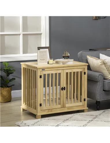 PawHut Wooden Dog Crate, with Double Doors, Cushion, for Medium Dogs - Natural Finish