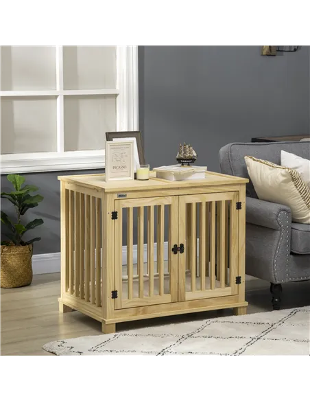 PawHut Wooden Dog Crate, with Double Doors, Cushion, for Medium Dogs - Natural Finish