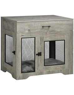 PawHut Dog Cage End Table with Two Doors, Drawer, for Medium Dogs - Grey