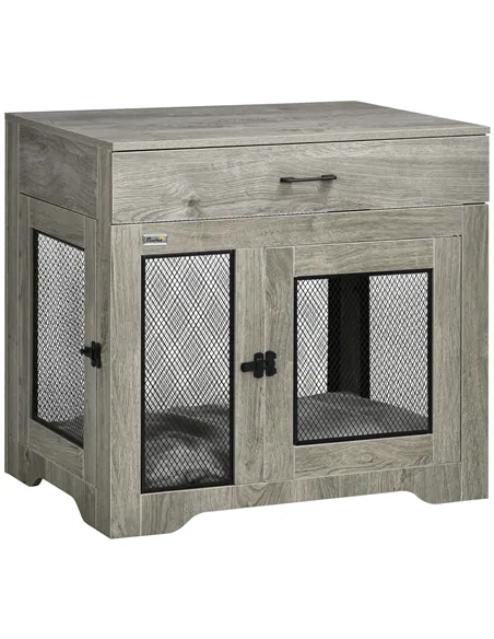 PawHut Dog Cage End Table with Two Doors, Drawer, for Medium Dogs - Grey