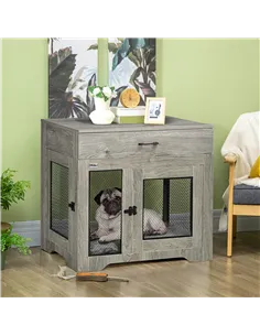 PawHut Dog Cage End Table with Two Doors, Drawer, for Medium Dogs - Grey 2