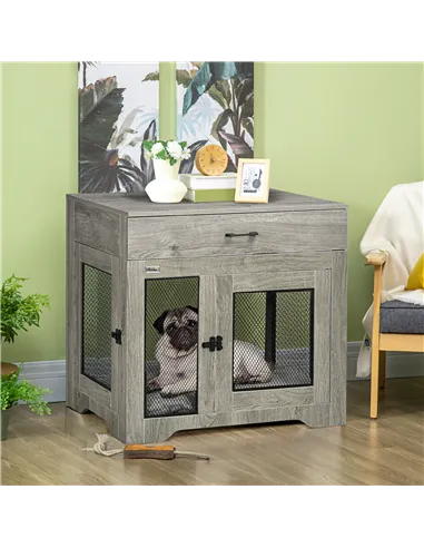 PawHut Dog Cage End Table with Two Doors, Drawer, for Medium Dogs - Grey