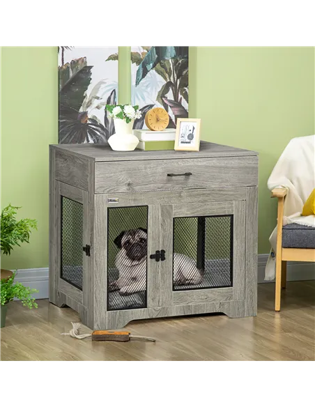 PawHut Dog Cage End Table with Two Doors, Drawer, for Medium Dogs - Grey