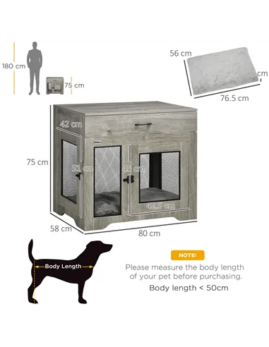 PawHut Dog Cage End Table with Two Doors, Drawer, for Medium Dogs - Grey