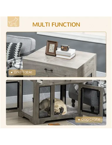 PawHut Dog Cage End Table with Two Doors, Drawer, for Medium Dogs - Grey