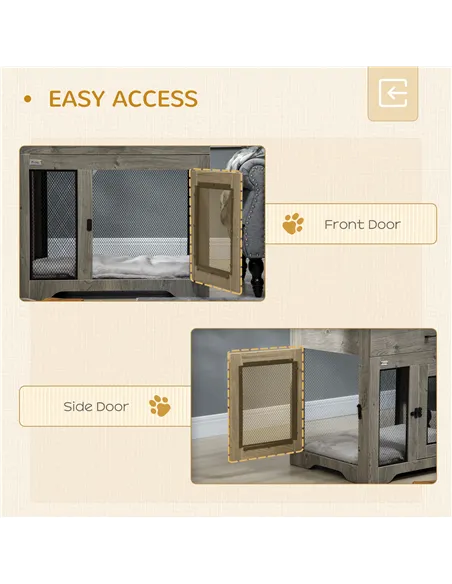 PawHut Dog Cage End Table with Two Doors, Drawer, for Medium Dogs - Grey