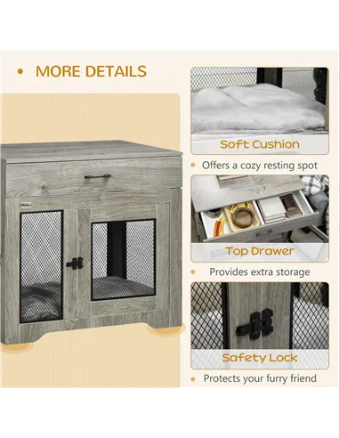 PawHut Dog Cage End Table with Two Doors, Drawer, for Medium Dogs - Grey