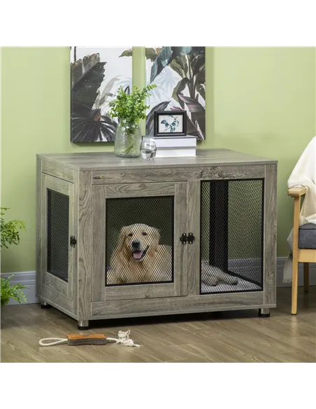 PawHut 2-in-1 Dog Cage & Side Table, with Two Doors, Cushion, for Large Dogs