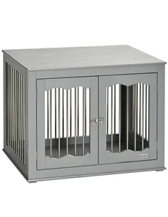 PawHut Dog Crate End Table Furniture Style Dog Cage w/ Three Doors, Locks and Latches - Grey