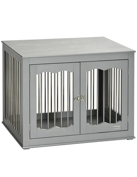 PawHut Dog Crate End Table Furniture Style Dog Cage w/ Three Doors, Locks and Latches - Grey