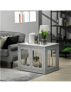 PawHut Dog Crate End Table Furniture Style Dog Cage w/ Three Doors, Locks and Latches - Grey 2