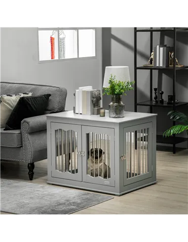 PawHut Dog Crate End Table Furniture Style Dog Cage w/ Three Doors, Locks and Latches - Grey