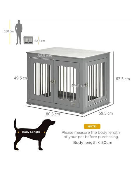 PawHut Dog Crate End Table Furniture Style Dog Cage w/ Three Doors, Locks and Latches - Grey