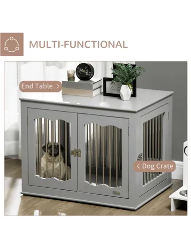 PawHut Dog Crate End Table Furniture Style Dog Cage w/ Three Doors, Locks and Latches - Grey