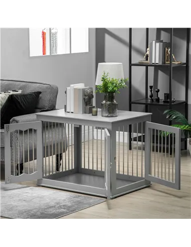 PawHut Dog Crate End Table Furniture Style Dog Cage w/ Three Doors, Locks and Latches - Grey