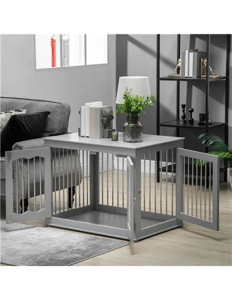 PawHut Dog Crate End Table Furniture Style Dog Cage w/ Three Doors, Locks and Latches - Grey
