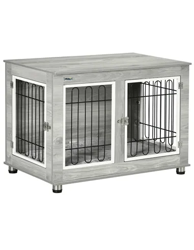 PawHut Dog Crate Furniture End Table, with Washable Cushion, Double Doors, for Medium/Large Dogs, Grey