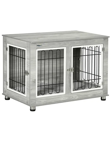 PawHut Dog Crate Furniture End Table, with Washable Cushion, Double Doors, for Medium/Large Dogs, Grey