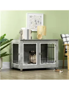 PawHut Dog Crate Furniture End Table, with Washable Cushion, Double Doors, for Medium/Large Dogs, Grey 2