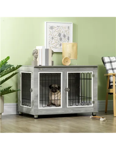 PawHut Dog Crate Furniture End Table, with Washable Cushion, Double Doors, for Medium/Large Dogs, Grey
