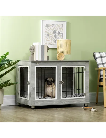 PawHut Dog Crate Furniture End Table, with Washable Cushion, Double Doors, for Medium/Large Dogs, Grey