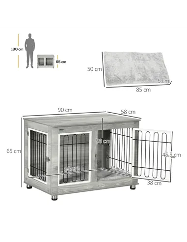 PawHut Dog Crate Furniture End Table, with Washable Cushion, Double Doors, for Medium/Large Dogs, Grey