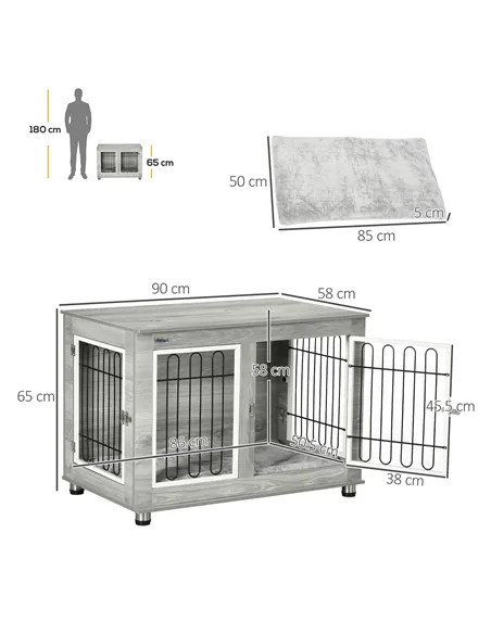 PawHut Dog Crate Furniture End Table, with Washable Cushion, Double Doors, for Medium/Large Dogs, Grey