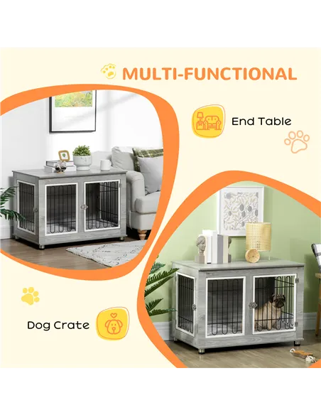 PawHut Dog Crate Furniture End Table, with Washable Cushion, Double Doors, for Medium/Large Dogs, Grey