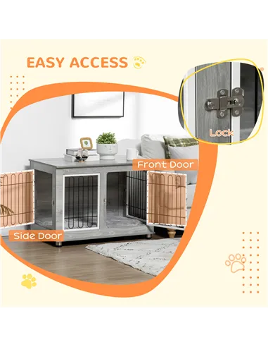 PawHut Dog Crate Furniture End Table, with Washable Cushion, Double Doors, for Medium/Large Dogs, Grey