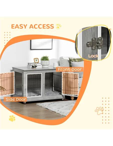 PawHut Dog Crate Furniture End Table, with Washable Cushion, Double Doors, for Medium/Large Dogs, Grey