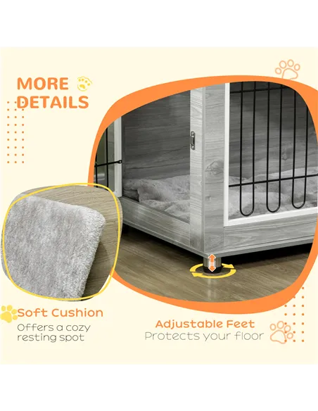 PawHut Dog Crate Furniture End Table, with Washable Cushion, Double Doors, for Medium/Large Dogs, Grey