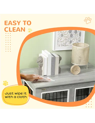 PawHut Dog Crate Furniture End Table, with Washable Cushion, Double Doors, for Medium/Large Dogs, Grey