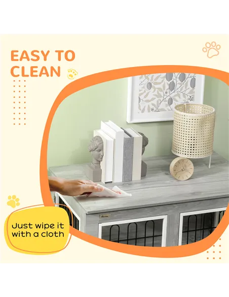 PawHut Dog Crate Furniture End Table, with Washable Cushion, Double Doors, for Medium/Large Dogs, Grey