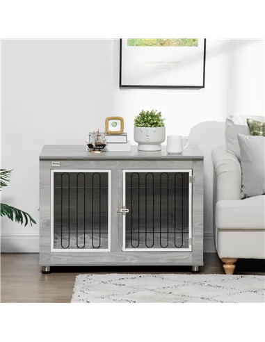 PawHut Dog Crate Furniture End Table, with Washable Cushion, Double Doors, for Medium/Large Dogs, Grey