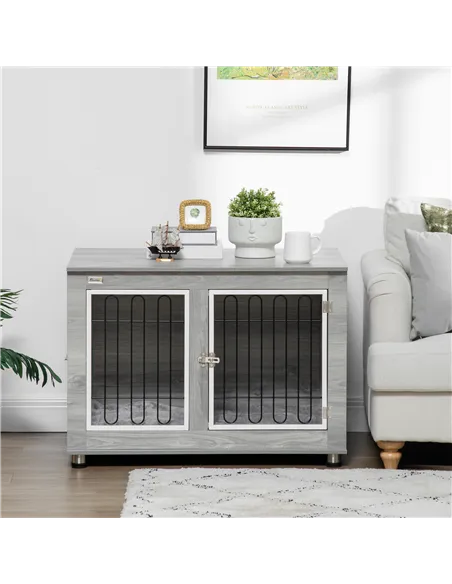 PawHut Dog Crate Furniture End Table, with Washable Cushion, Double Doors, for Medium/Large Dogs, Grey