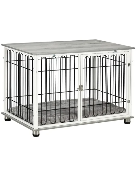 PawHut Indoor Dog Crate Furniture, Side End Table, with Soft Washable Cushion, Lockable Doors, for Small and Medium Dogs