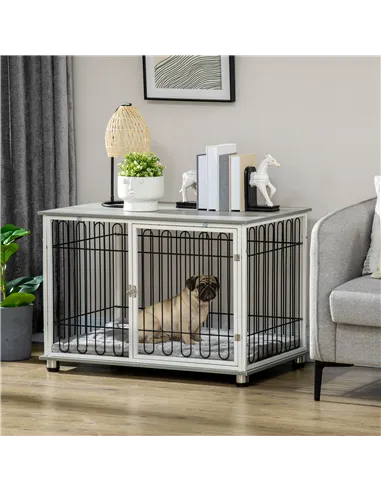 PawHut Indoor Dog Crate Furniture, Side End Table, with Soft Washable Cushion, Lockable Doors, for Small and Medium Dogs