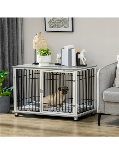 PawHut Indoor Dog Crate Furniture, Side End Table, with Soft Washable Cushion, Lockable Doors, for Small and Medium Dogs